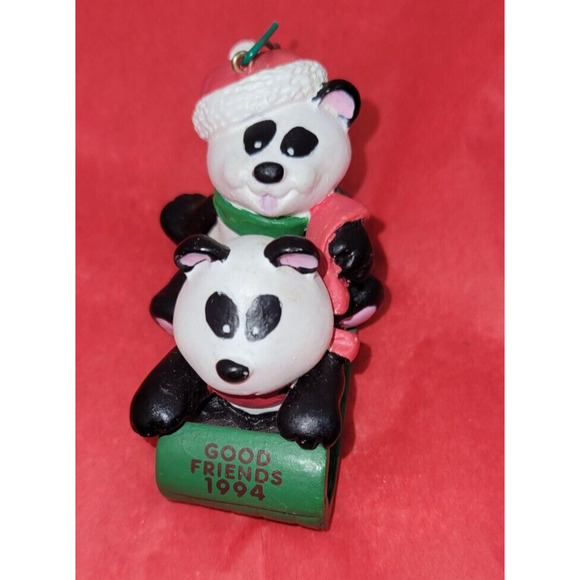 American Greeting Cards 1994 Good Friends Panda Bear Sledding Christmas Ornament - Picture 2 of 4